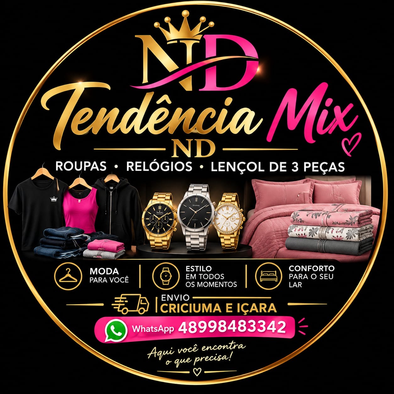 ND Tendência Mix — roupas, relógios e roupas de cama